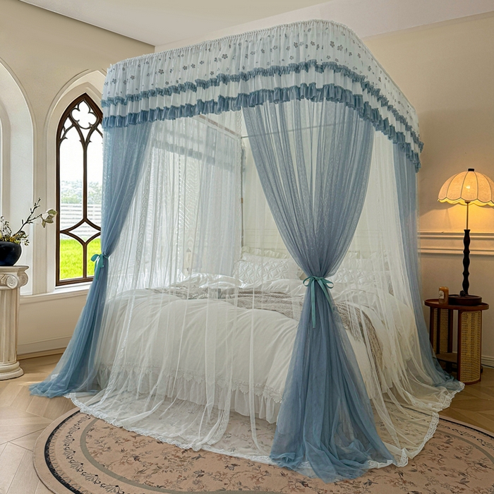 梦尔佳蚊帐 2026新款百花盛开系列导轨蚊帐 双层 优雅蓝灰