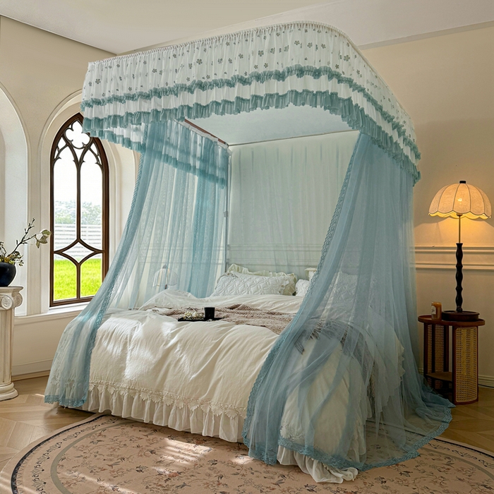 91家纺网 家纺一手货源 找家纺 梦尔佳蚊帐 2026新款百花盛开系列导轨蚊帐 单层 清雅淡蓝