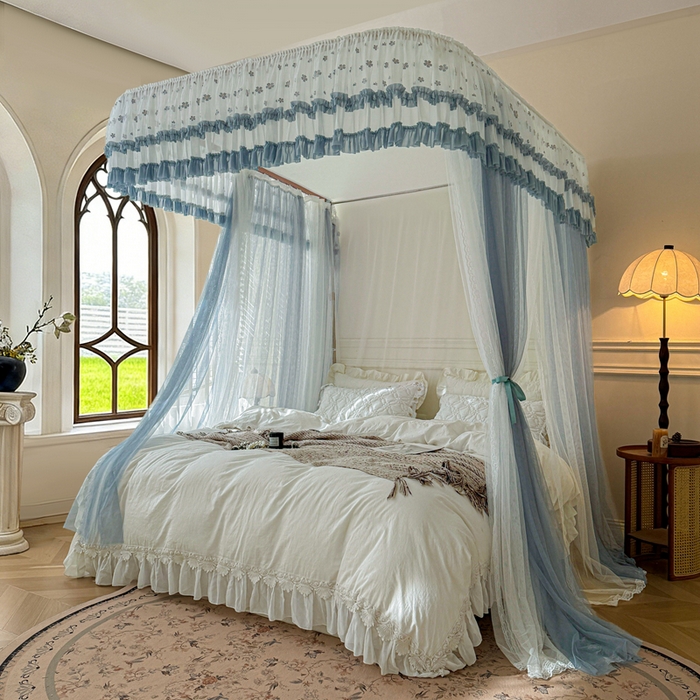 91家纺网 家纺一手货源 找家纺 梦尔佳蚊帐 2026新款百花盛开系列导轨蚊帐 双层 优雅蓝灰