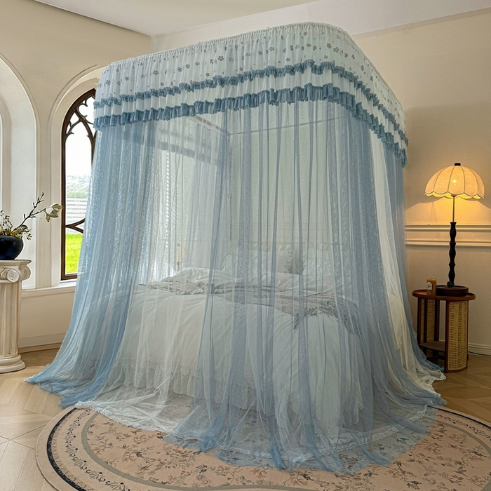 91家纺网 家纺一手货源 找家纺 梦尔佳蚊帐 2026新款百花盛开系列导轨蚊帐 双层 优雅蓝灰