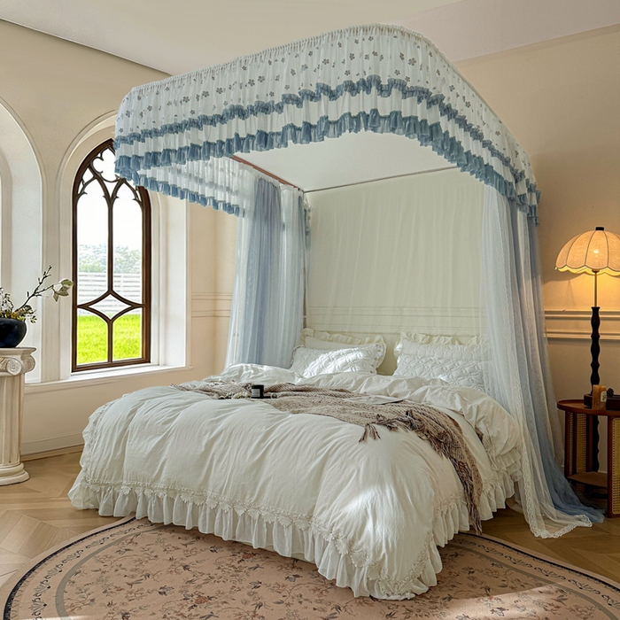 91家纺网 家纺一手货源 找家纺 梦尔佳蚊帐 2026新款百花盛开系列导轨蚊帐 双层 优雅蓝灰