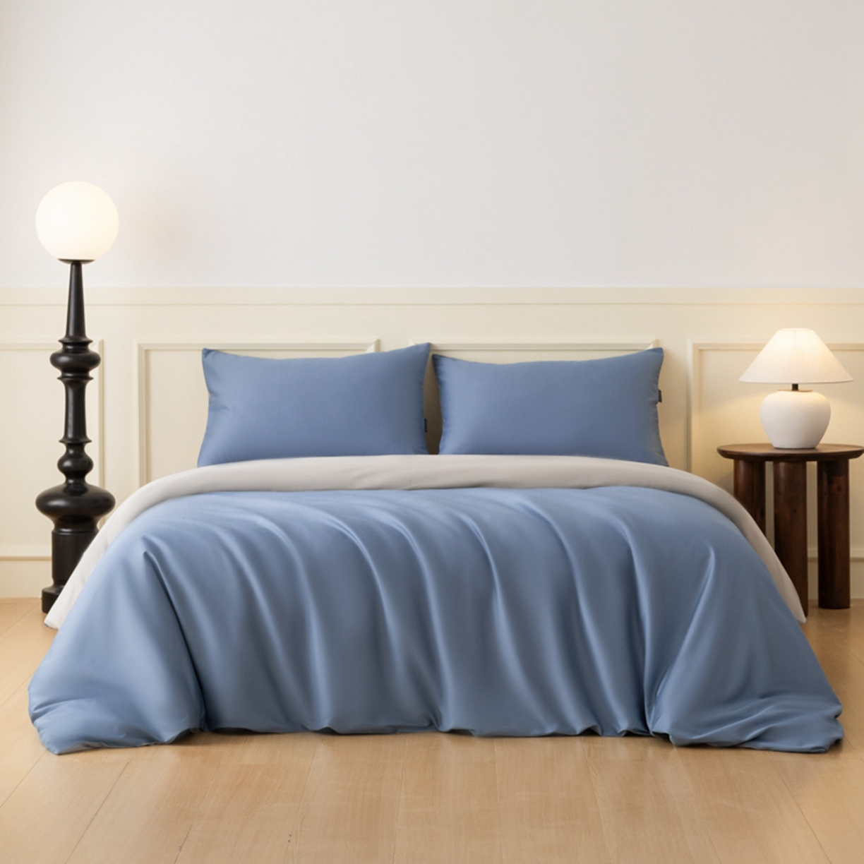 91家纺网 家纺一手货源 找家纺 秀色家纺 2026新款高端100pro新疆长绒棉床上四件套全棉纯棉四季纯色双拼高级感礼品团购四件套-米朵 米朵-静谧蓝+烟墨灰