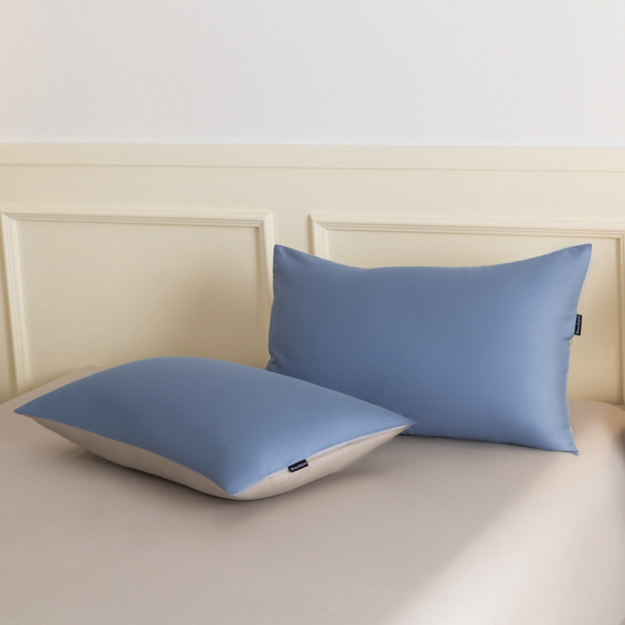 91家纺网 家纺一手货源 找家纺 秀色家纺 2026新款高端100pro新疆长绒棉床上四件套全棉纯棉四季纯色双拼高级感礼品团购四件套-米朵 米朵-静谧蓝+烟墨灰