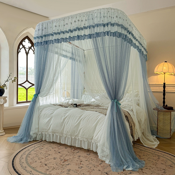 91家纺网 家纺一手货源 找家纺 梦尔佳蚊帐 2026新款百花盛开系列导轨蚊帐 双层 优雅蓝灰