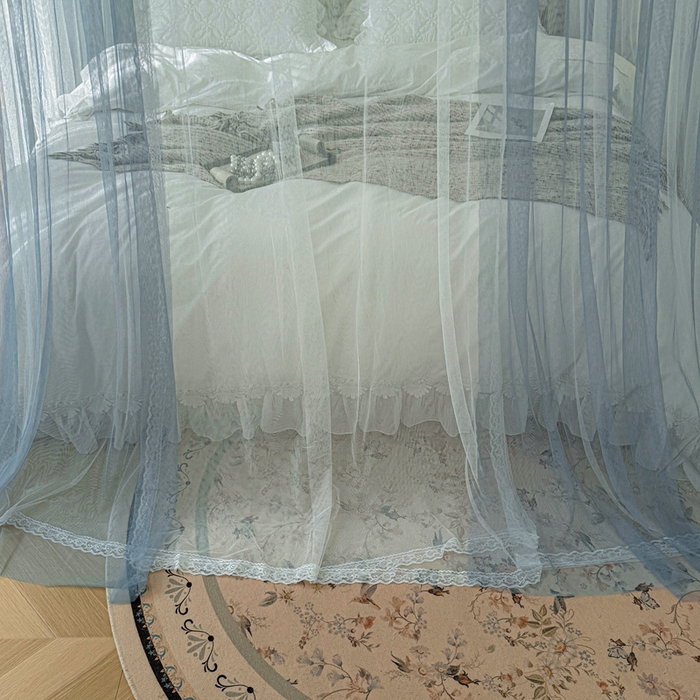 91家纺网 家纺一手货源 找家纺 梦尔佳蚊帐 2026新款百花盛开系列导轨蚊帐 双层 优雅蓝灰