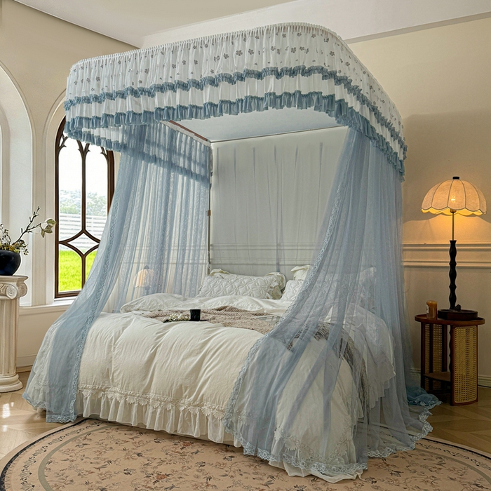 91家纺网 家纺一手货源 找家纺 梦尔佳蚊帐 2026新款百花盛开系列导轨蚊帐 单层 优雅蓝灰