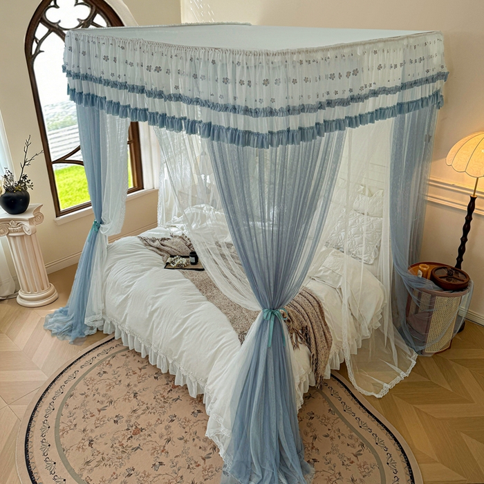 91家纺网 家纺一手货源 找家纺 梦尔佳蚊帐 2026新款百花盛开系列导轨蚊帐 双层 优雅蓝灰