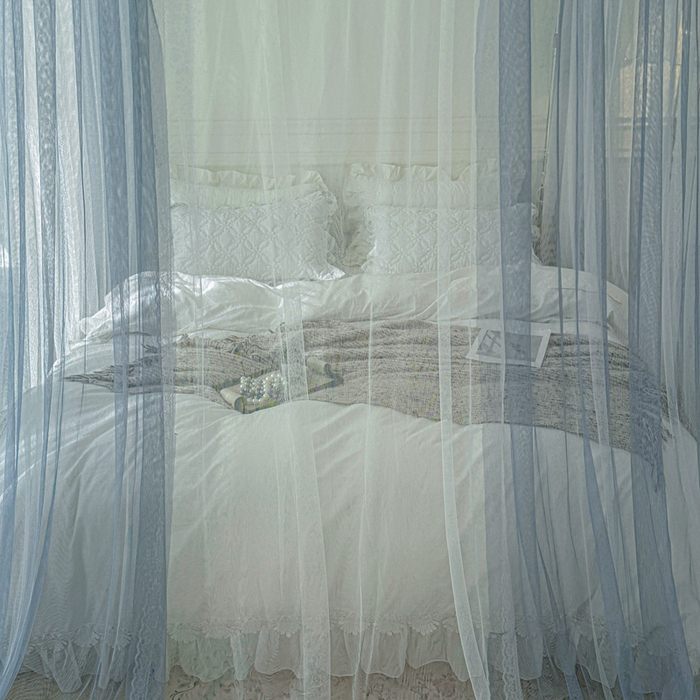 91家纺网 家纺一手货源 找家纺 梦尔佳蚊帐 2026新款百花盛开系列导轨蚊帐 双层 优雅蓝灰