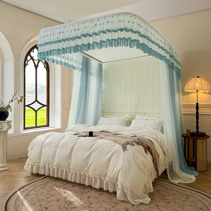 91家纺网 家纺一手货源 找家纺 梦尔佳蚊帐 2026新款百花盛开系列导轨蚊帐 双层 清雅淡蓝