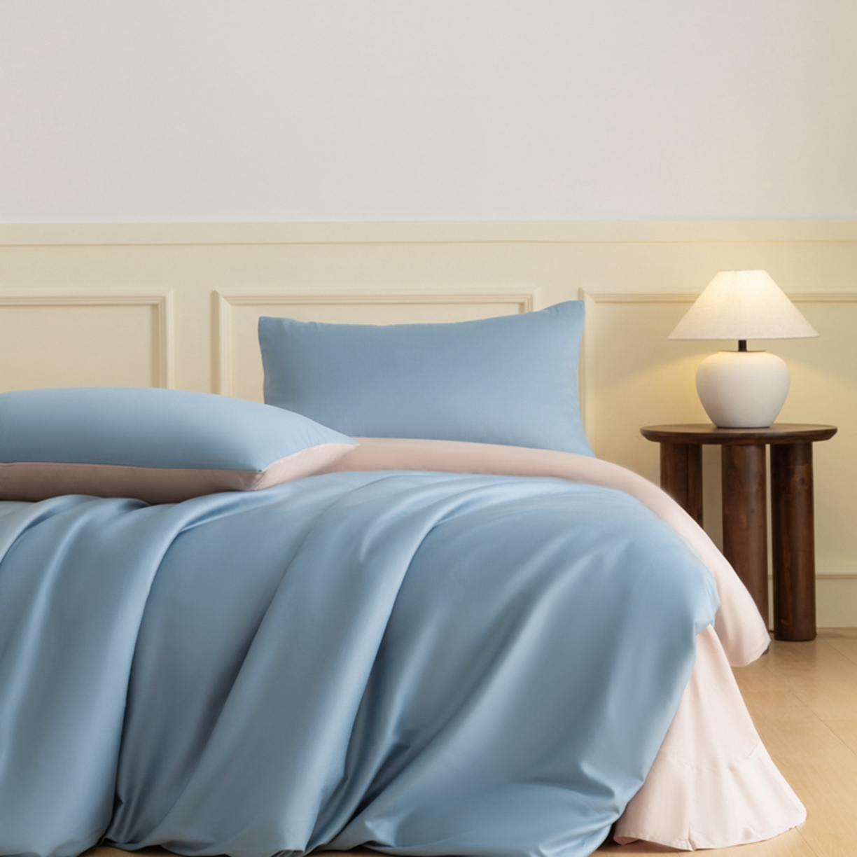 91家纺网 家纺一手货源 找家纺 秀色家纺 2026新款高端100pro新疆长绒棉床上四件套全棉纯棉四季纯色双拼高级感礼品团购四件套-米朵 米朵-蓝莓粉