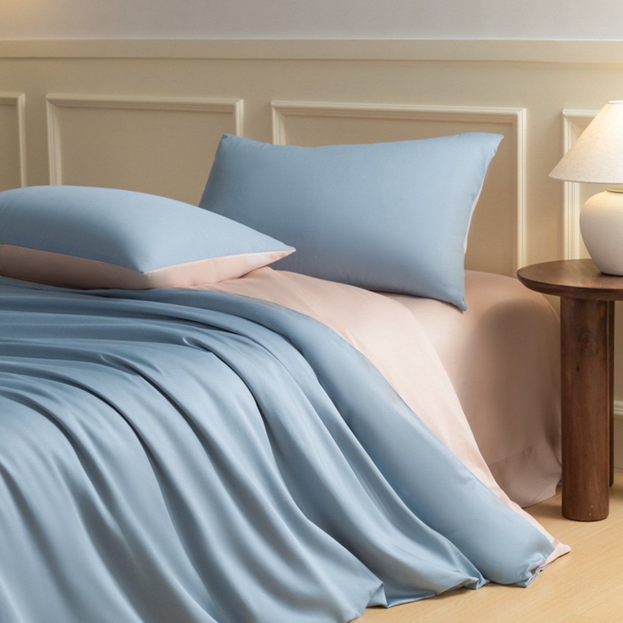 91家纺网 家纺一手货源 找家纺 秀色家纺 2026新款高端100pro新疆长绒棉床上四件套全棉纯棉四季纯色双拼高级感礼品团购四件套-米朵 米朵-蓝莓粉