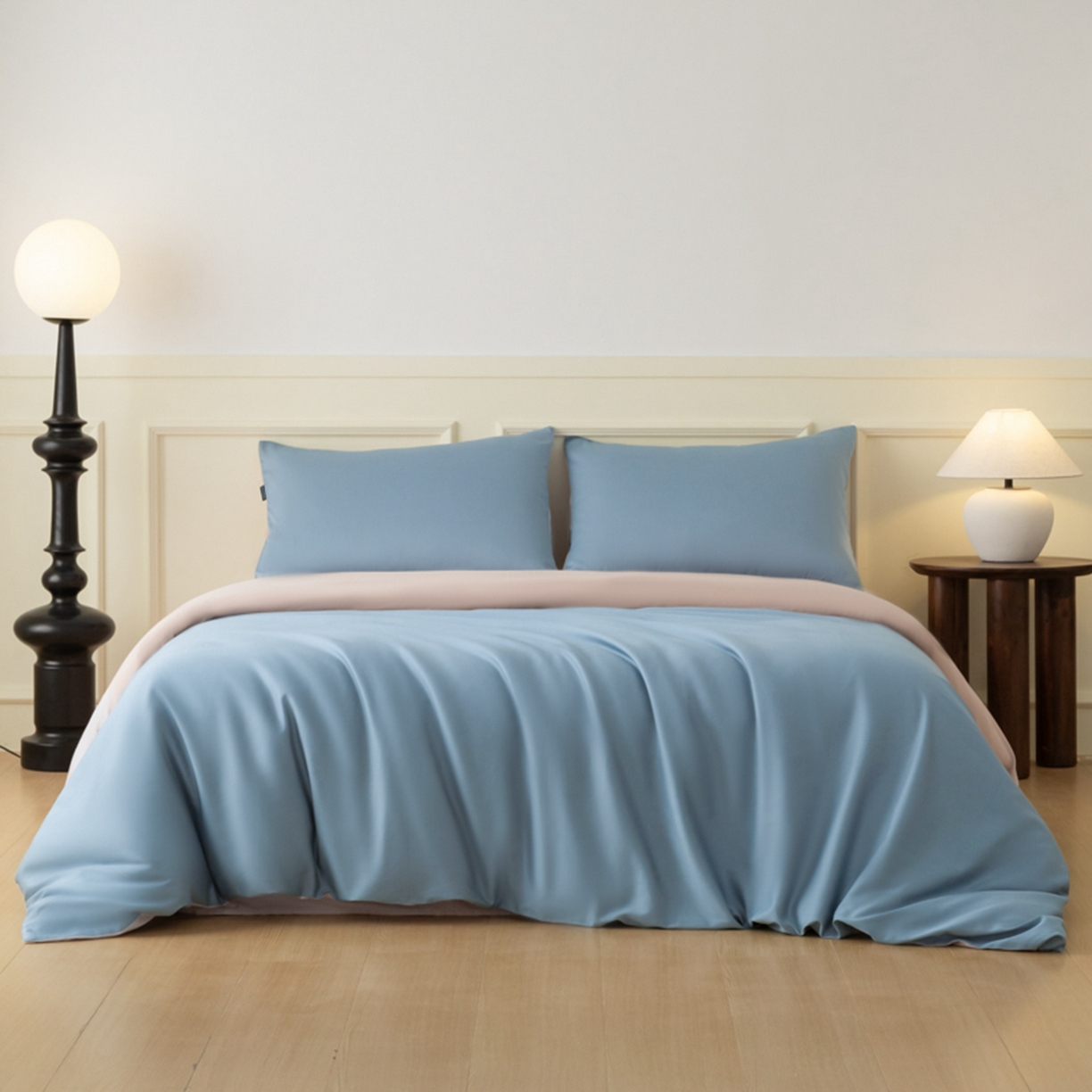 91家纺网 家纺一手货源 找家纺 秀色家纺 2026新款高端100pro新疆长绒棉床上四件套全棉纯棉四季纯色双拼高级感礼品团购四件套-米朵 米朵-蓝莓粉