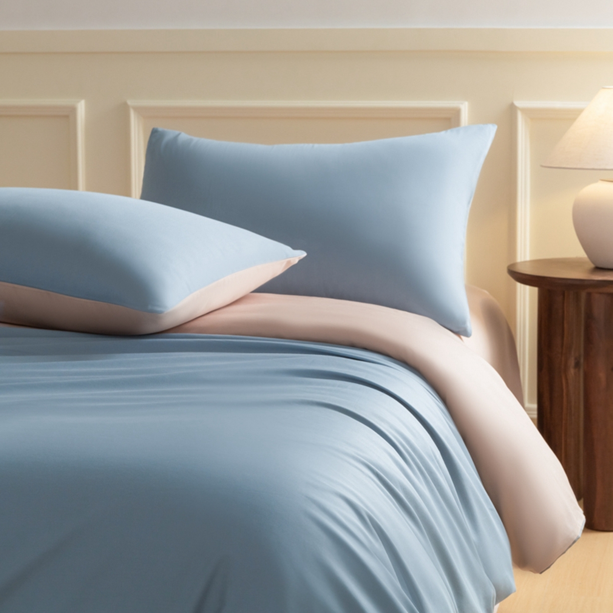 91家纺网 家纺一手货源 找家纺 秀色家纺 2026新款高端100pro新疆长绒棉床上四件套全棉纯棉四季纯色双拼高级感礼品团购四件套-米朵 米朵-蓝莓粉