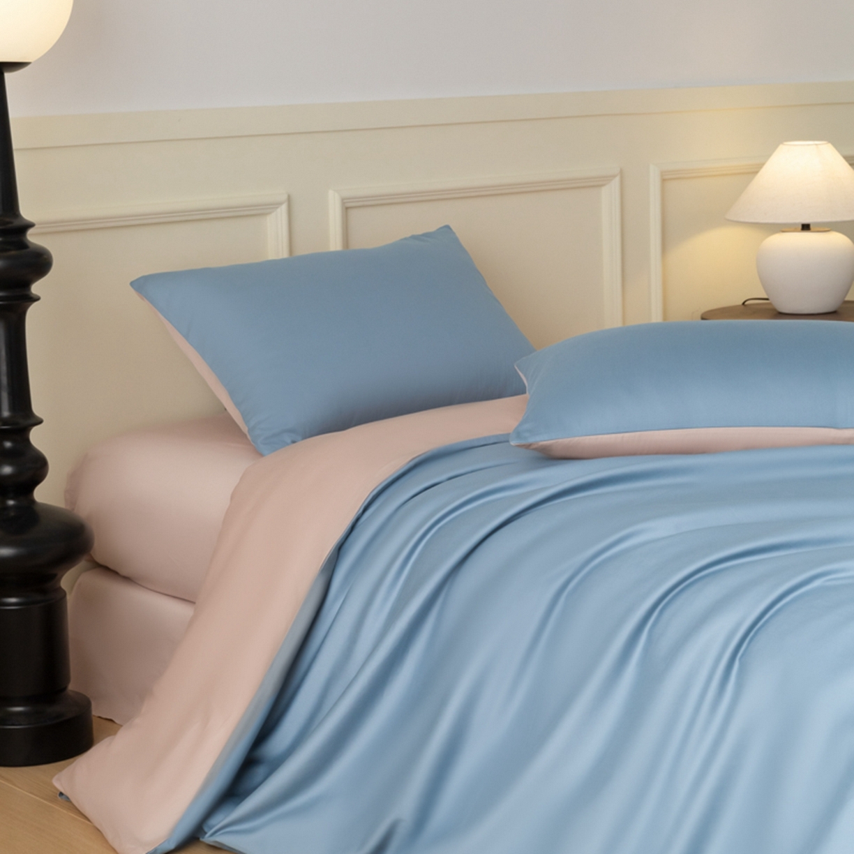 91家纺网 家纺一手货源 找家纺 秀色家纺 2026新款高端100pro新疆长绒棉床上四件套全棉纯棉四季纯色双拼高级感礼品团购四件套-米朵 米朵-蓝莓粉