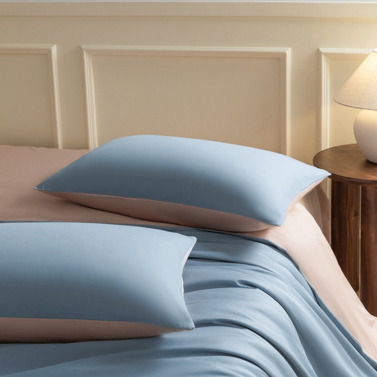 91家纺网 家纺一手货源 找家纺 秀色家纺 2026新款高端100pro新疆长绒棉床上四件套全棉纯棉四季纯色双拼高级感礼品团购四件套-米朵 米朵-蓝莓粉