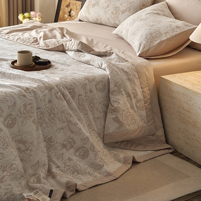 宜代光年 2026新款60S水洗棉全棉纯棉三层纱色织提花夏被四件套系列 牡丹-咖
