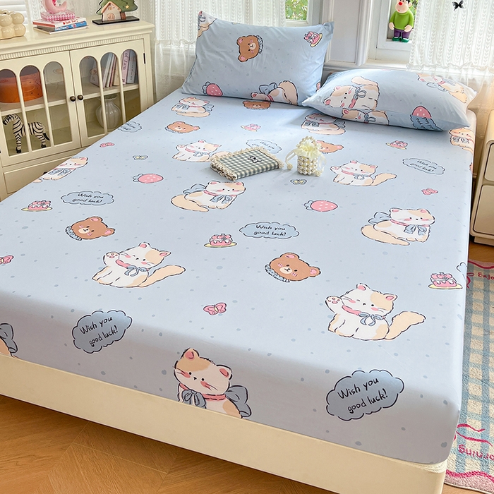 91家纺网 家纺一手货源 找家纺 梦卓家纺 2026新款印花卡通系列亲肤水洗棉床笠 招财猫