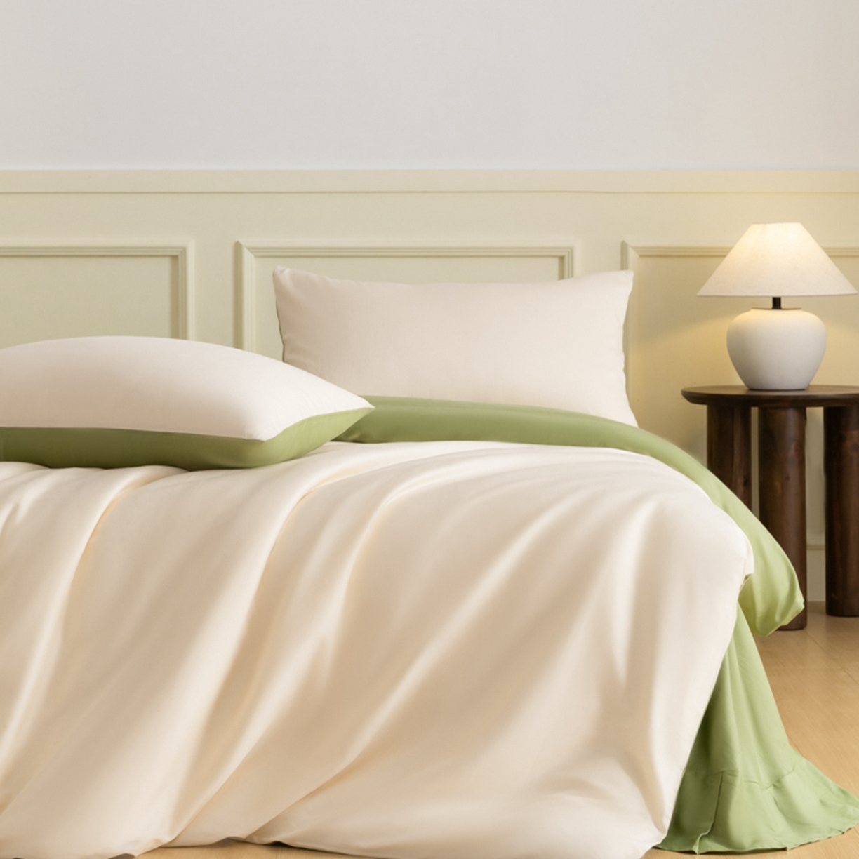 91家纺网 家纺一手货源 找家纺 秀色家纺 2026新款高端100pro新疆长绒棉床上四件套全棉纯棉四季纯色双拼高级感礼品团购四件套-米朵 米朵-奶昔白+山栀茶