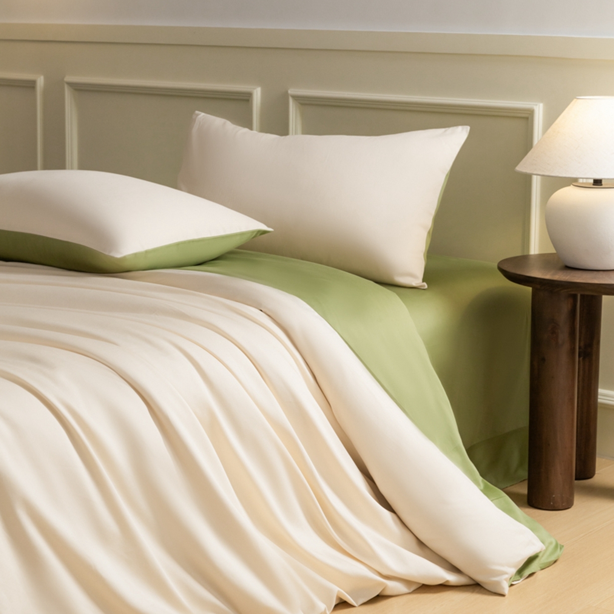 91家纺网 家纺一手货源 找家纺 秀色家纺 2026新款高端100pro新疆长绒棉床上四件套全棉纯棉四季纯色双拼高级感礼品团购四件套-米朵 米朵-奶昔白+山栀茶