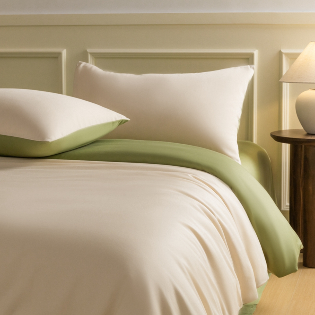 91家纺网 家纺一手货源 找家纺 秀色家纺 2026新款高端100pro新疆长绒棉床上四件套全棉纯棉四季纯色双拼高级感礼品团购四件套-米朵 米朵-奶昔白+山栀茶