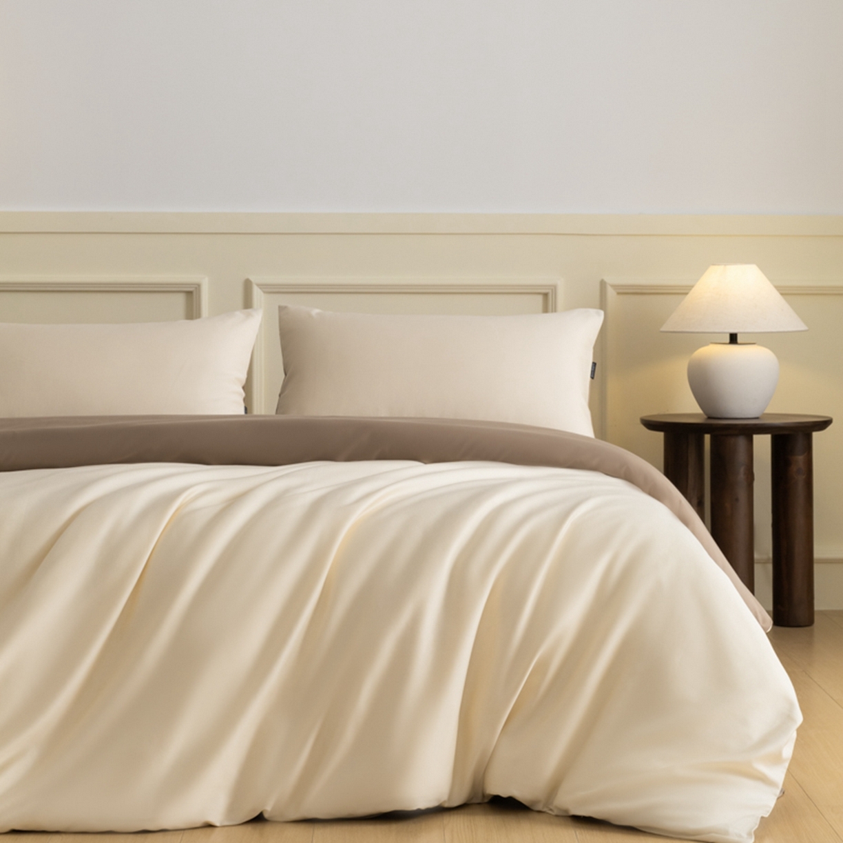 秀色家纺 2026新款高端100pro新疆长绒棉床上四件套全棉纯棉四季纯色双拼高级感礼品团购四件套-米朵 米朵-奶昔白+亚麻咖