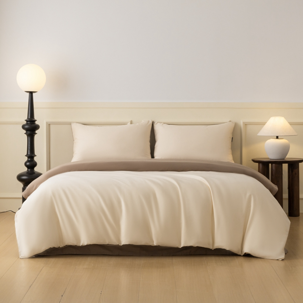 91家纺网 家纺一手货源 找家纺 秀色家纺 2026新款高端100pro新疆长绒棉床上四件套全棉纯棉四季纯色双拼高级感礼品团购四件套-米朵 米朵-奶昔白+亚麻咖