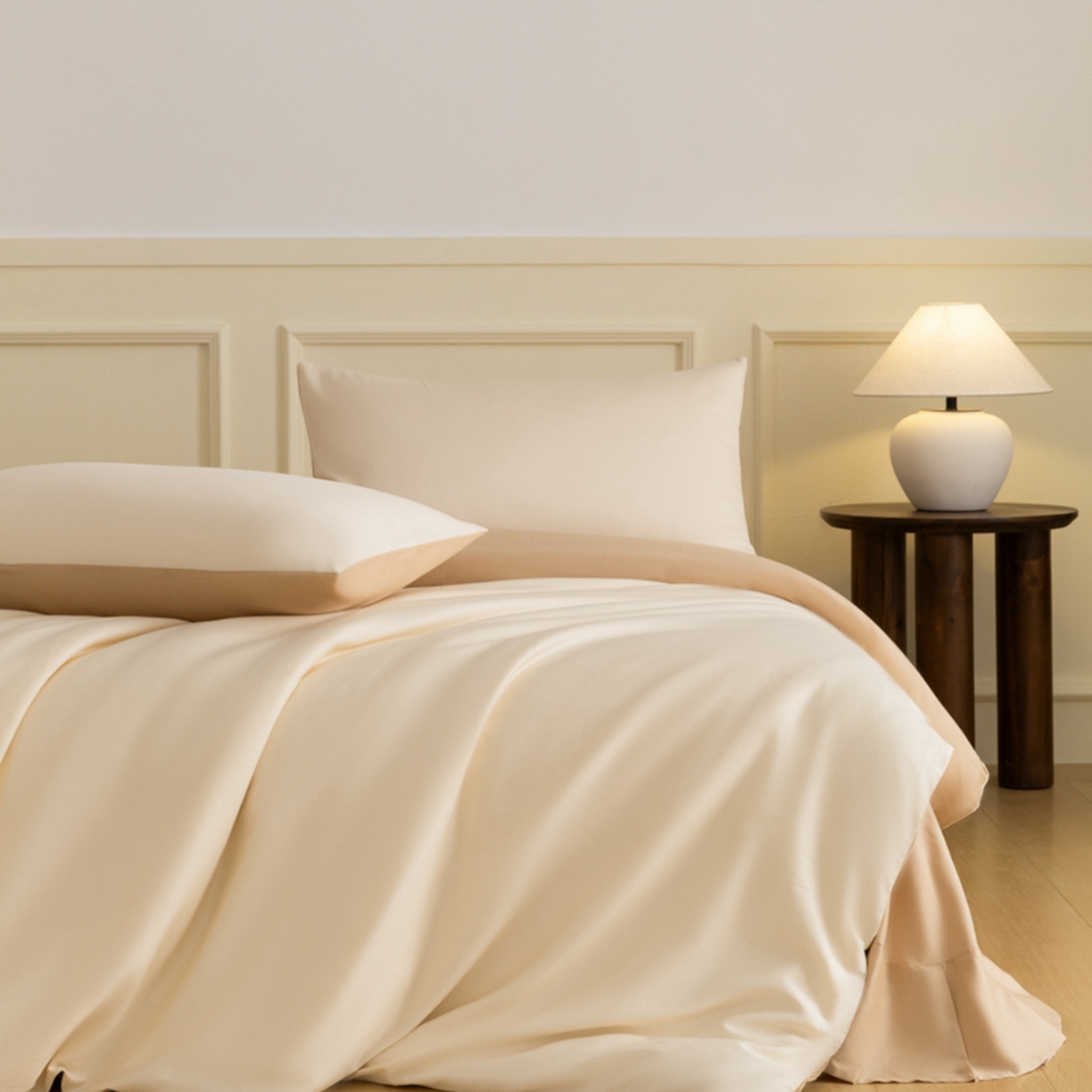 91家纺网 家纺一手货源 找家纺 秀色家纺 2026新款高端100pro新疆长绒棉床上四件套全棉纯棉四季纯色双拼高级感礼品团购四件套-米朵 米朵-奶油香槟金