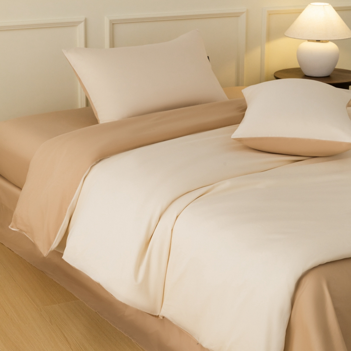 91家纺网 家纺一手货源 找家纺 秀色家纺 2026新款高端100pro新疆长绒棉床上四件套全棉纯棉四季纯色双拼高级感礼品团购四件套-米朵 米朵-奶油香槟金