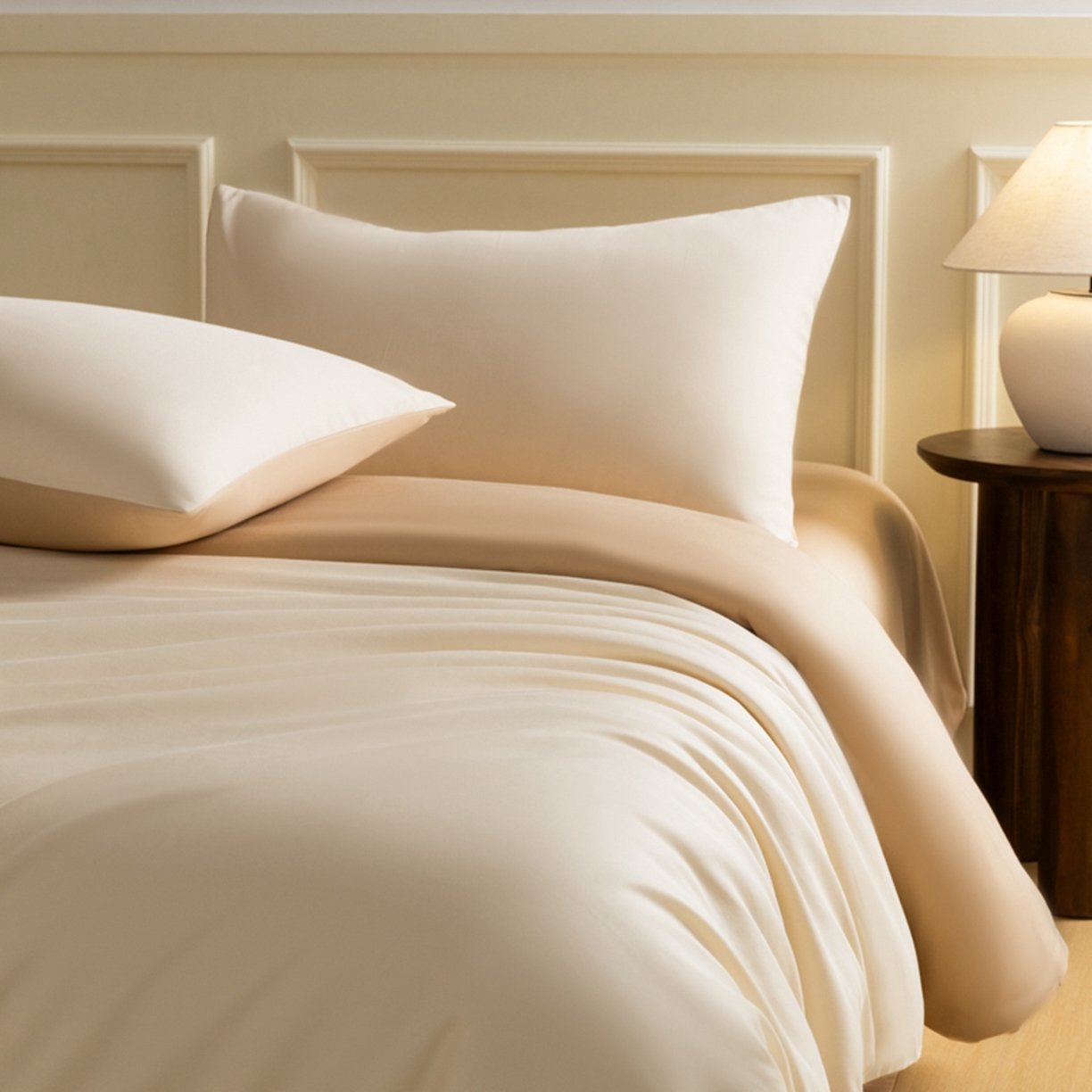 91家纺网 家纺一手货源 找家纺 秀色家纺 2026新款高端100pro新疆长绒棉床上四件套全棉纯棉四季纯色双拼高级感礼品团购四件套-米朵 米朵-奶油香槟金