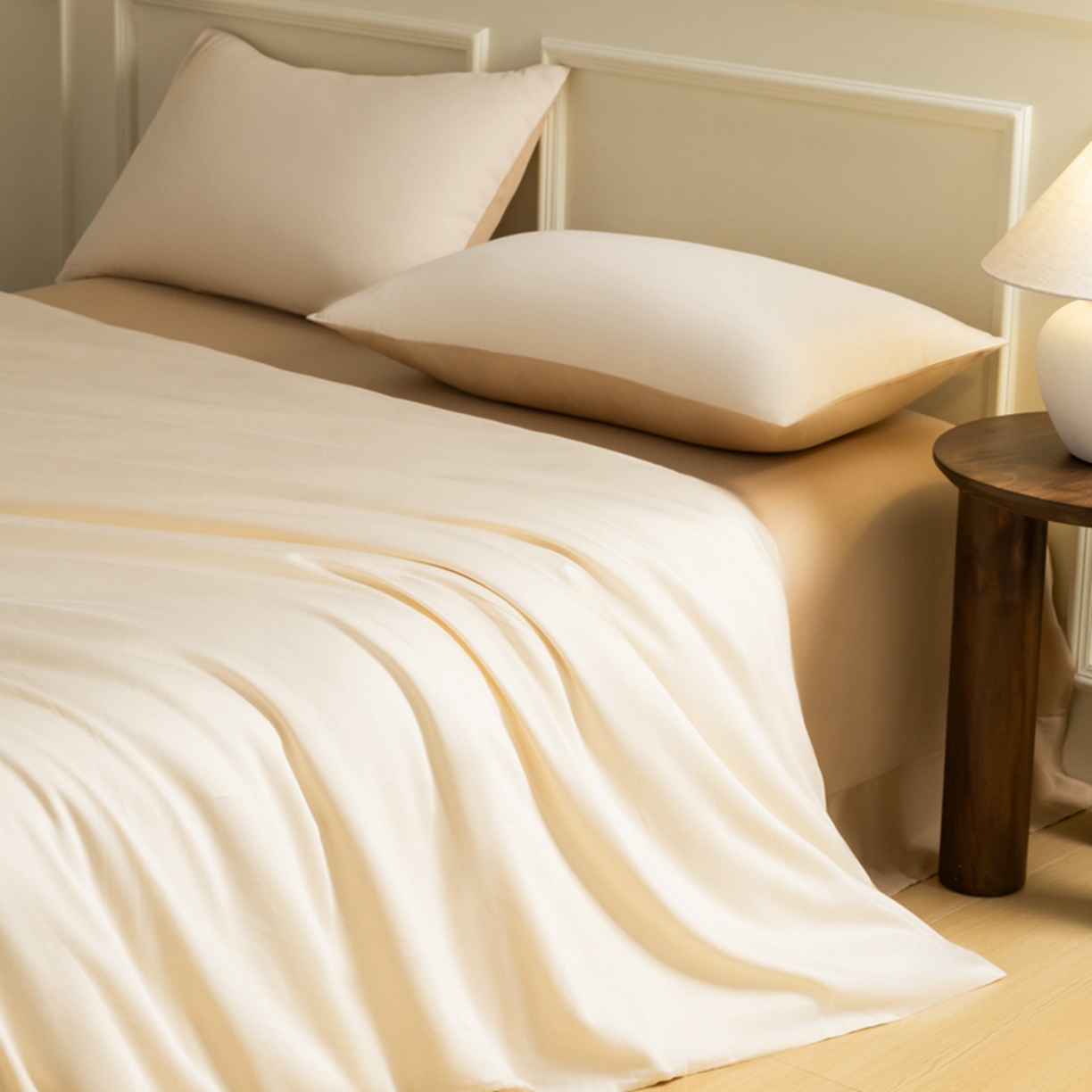 91家纺网 家纺一手货源 找家纺 秀色家纺 2026新款高端100pro新疆长绒棉床上四件套全棉纯棉四季纯色双拼高级感礼品团购四件套-米朵 米朵-奶油香槟金