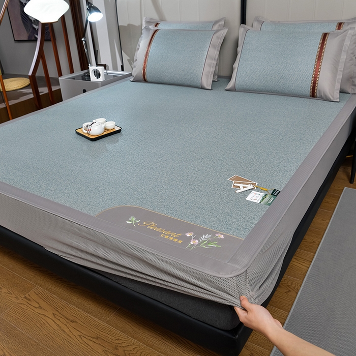 91家纺网 家纺一手货源 找家纺 小牛席业 2026新款加厚款-艾草清新养生席（床笠款） 加厚款-艾草清香养生（床笠款）-冰蓝
