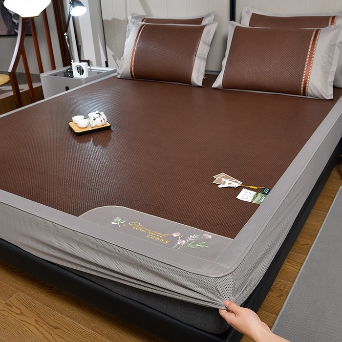 91家纺网 家纺一手货源 找家纺 小牛席业 2026新款加厚款-艾草清新养生席（床笠款） 加厚款-艾草清香养生（床笠款）-黑咖