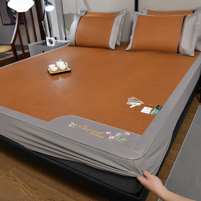 91家纺网 家纺一手货源 找家纺 小牛席业 2026新款加厚款-艾草清新养生席（床笠款） 加厚款-艾草清香养生（床笠款）-红棕