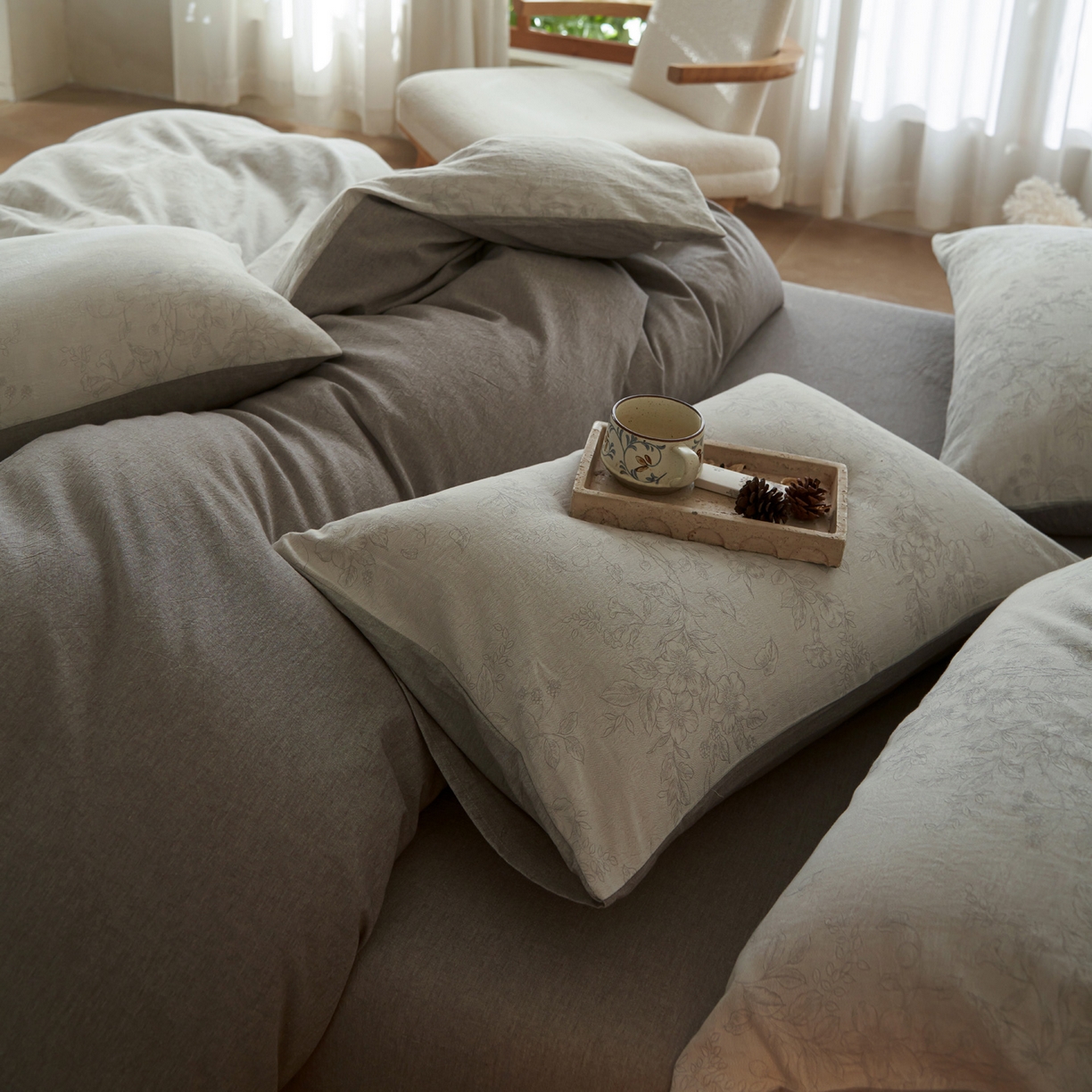 91家纺网 家纺一手货源 找家纺 如一 2026新款色织提花全棉水洗棉四件套第三批 花忆-灰