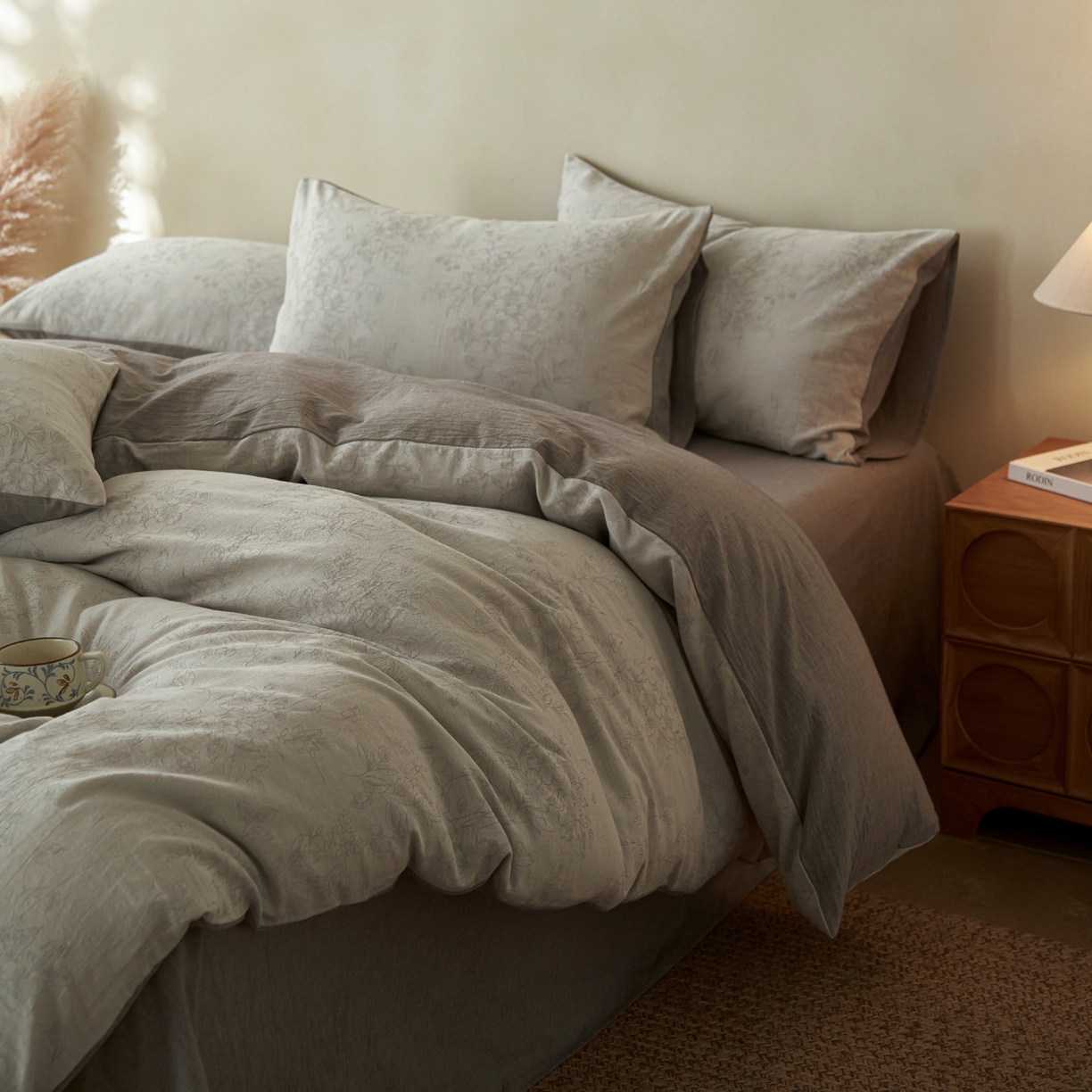 91家纺网 家纺一手货源 找家纺 如一 2026新款色织提花全棉水洗棉四件套第三批 花忆-灰