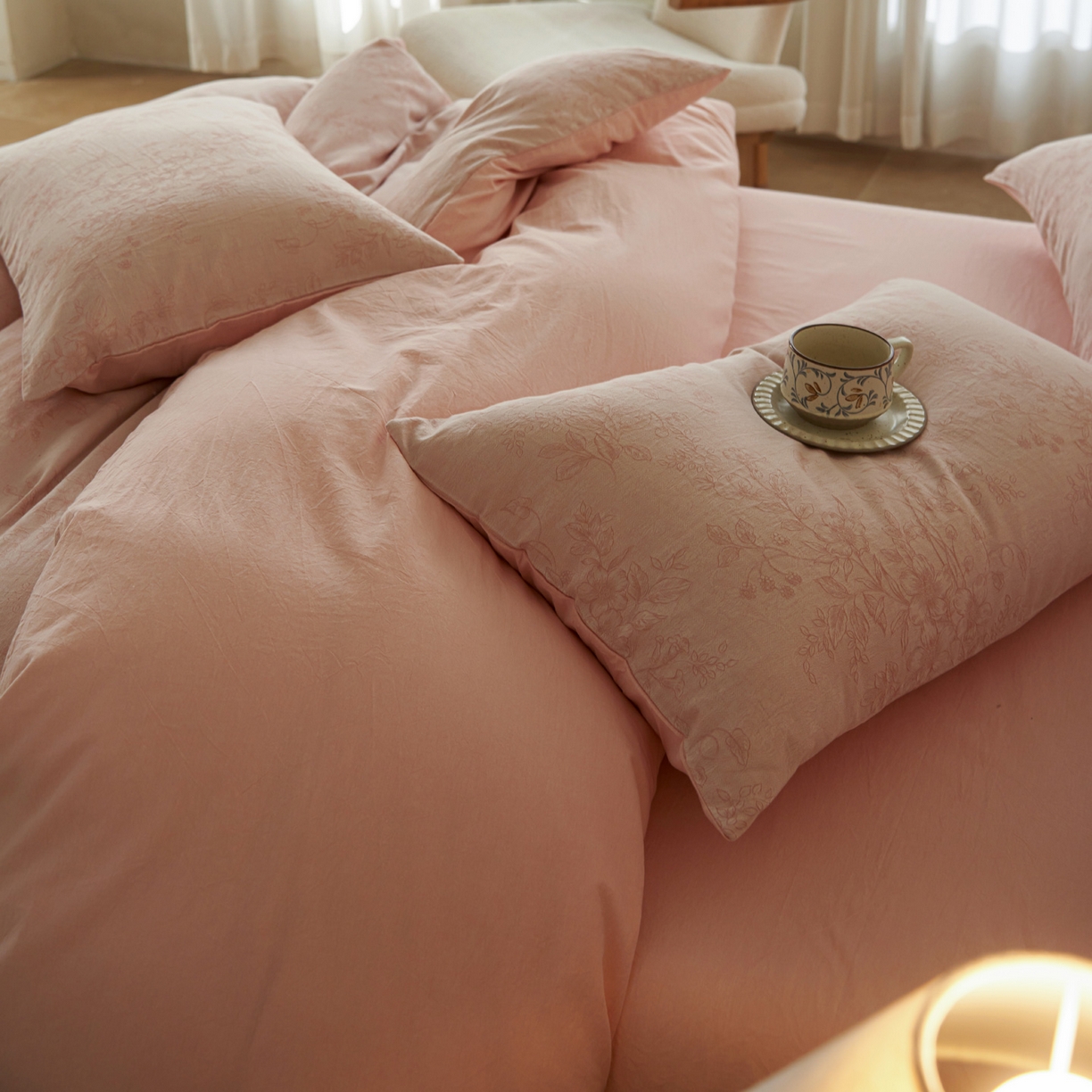 91家纺网 家纺一手货源 找家纺 如一 2026新款色织提花全棉水洗棉四件套第三批 花忆-粉