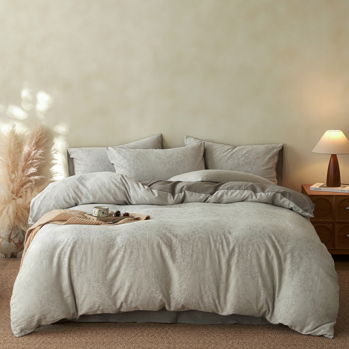 91家纺网 家纺一手货源 找家纺 如一 2026新款色织提花全棉水洗棉四件套第三批 花忆-灰