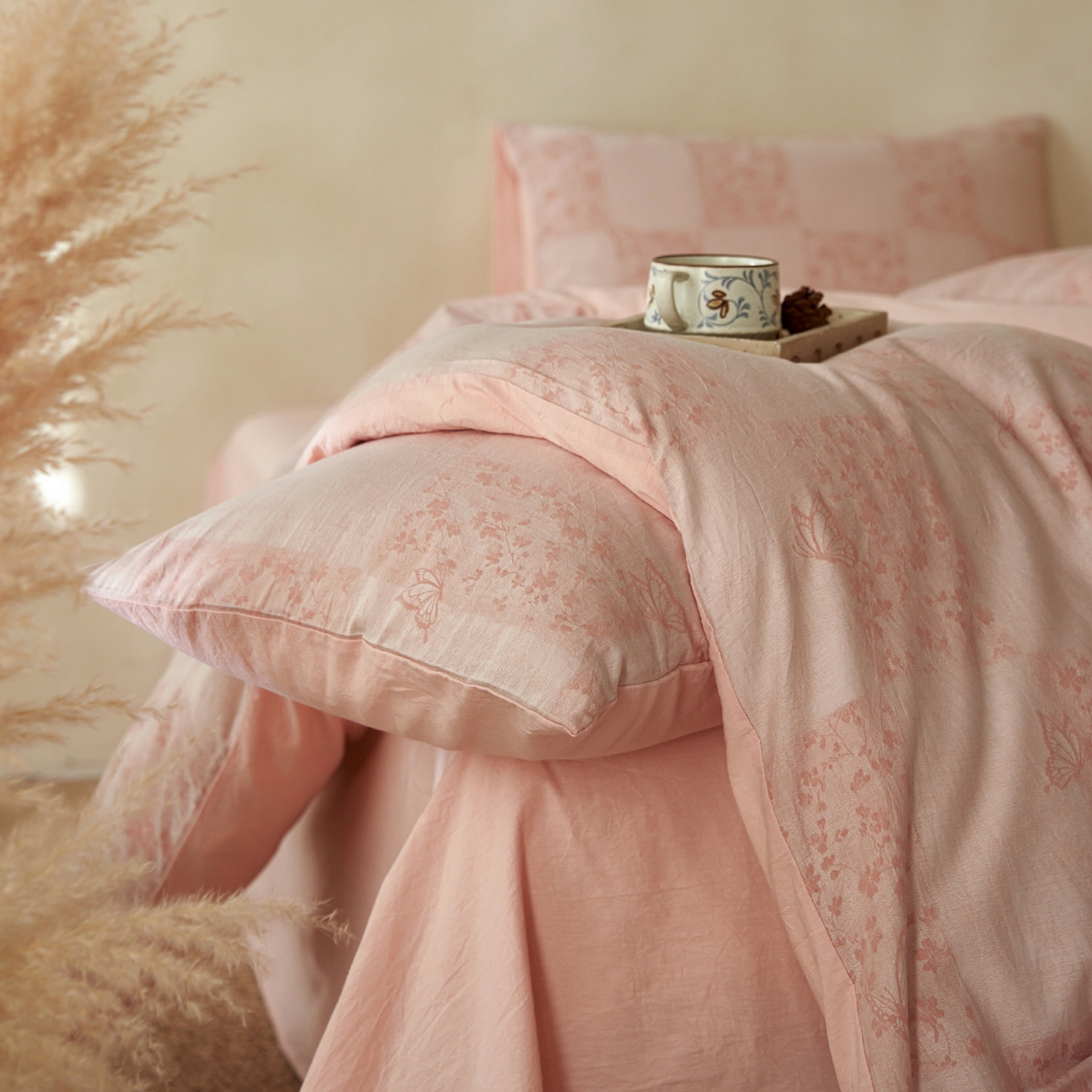 91家纺网 家纺一手货源 找家纺 如一 2026新款色织提花全棉水洗棉四件套第三批 蝶漫-粉