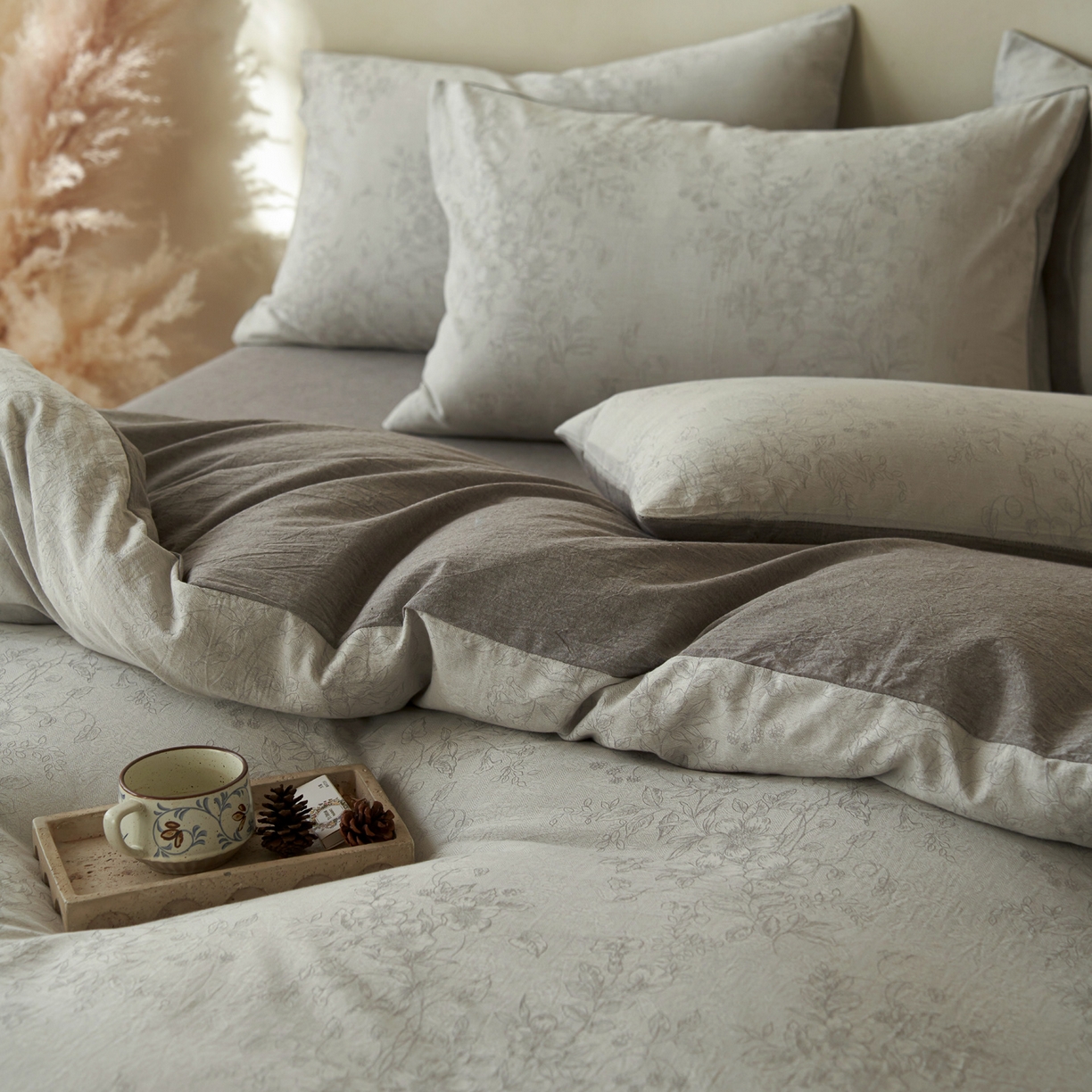 91家纺网 家纺一手货源 找家纺 如一 2026新款色织提花全棉水洗棉四件套第三批 花忆-灰