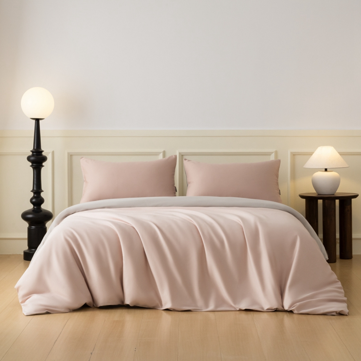 91家纺网 家纺一手货源 找家纺 秀色家纺 2026新款高端100pro新疆长绒棉床上四件套全棉纯棉四季纯色双拼高级感礼品团购四件套-米朵 米朵-蕊粉灰