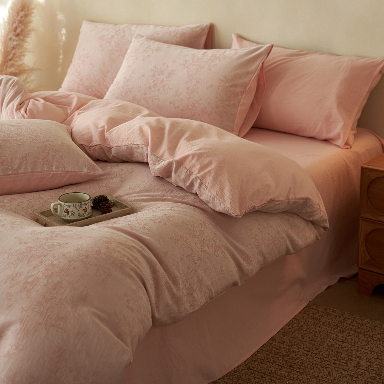 91家纺网 家纺一手货源 找家纺 如一 2026新款色织提花全棉水洗棉四件套第三批 花忆-粉