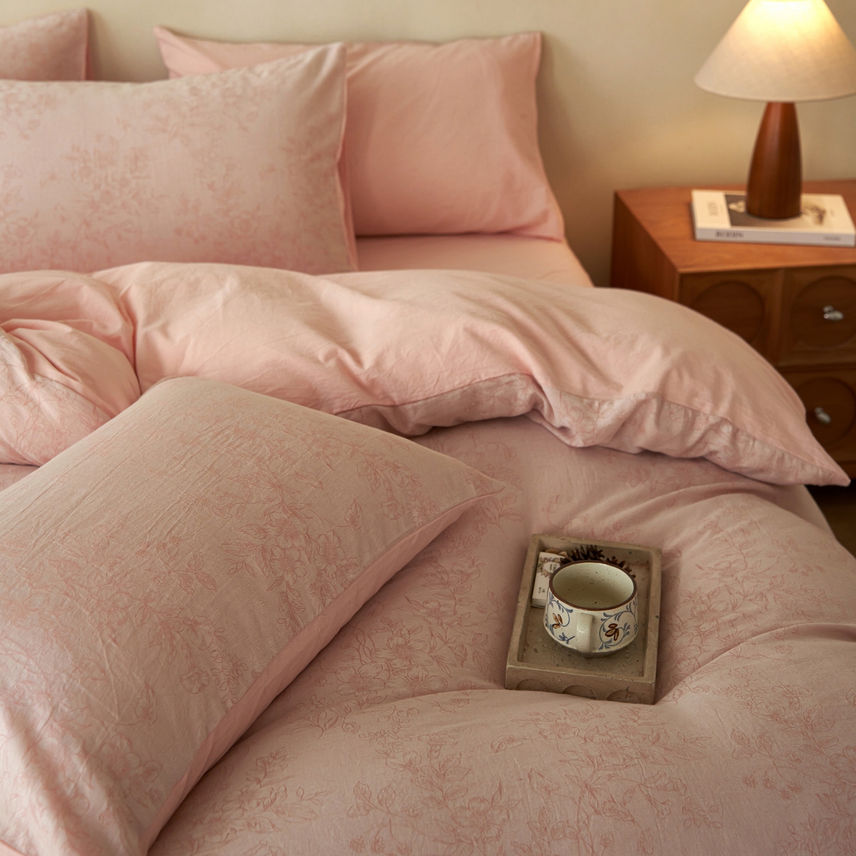 91家纺网 家纺一手货源 找家纺 如一 2026新款色织提花全棉水洗棉四件套第三批 花忆-粉