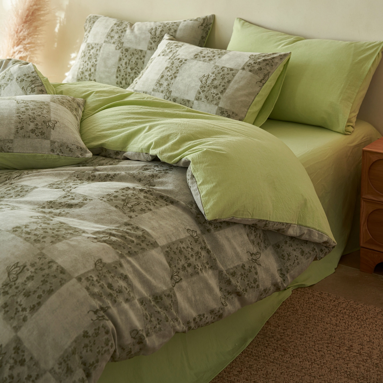 91家纺网 家纺一手货源 找家纺 如一 2026新款色织提花全棉水洗棉四件套第三批 蝶漫-绿