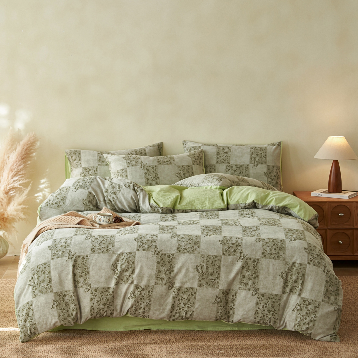 91家纺网 家纺一手货源 找家纺 如一 2026新款色织提花全棉水洗棉四件套第三批 蝶漫-绿