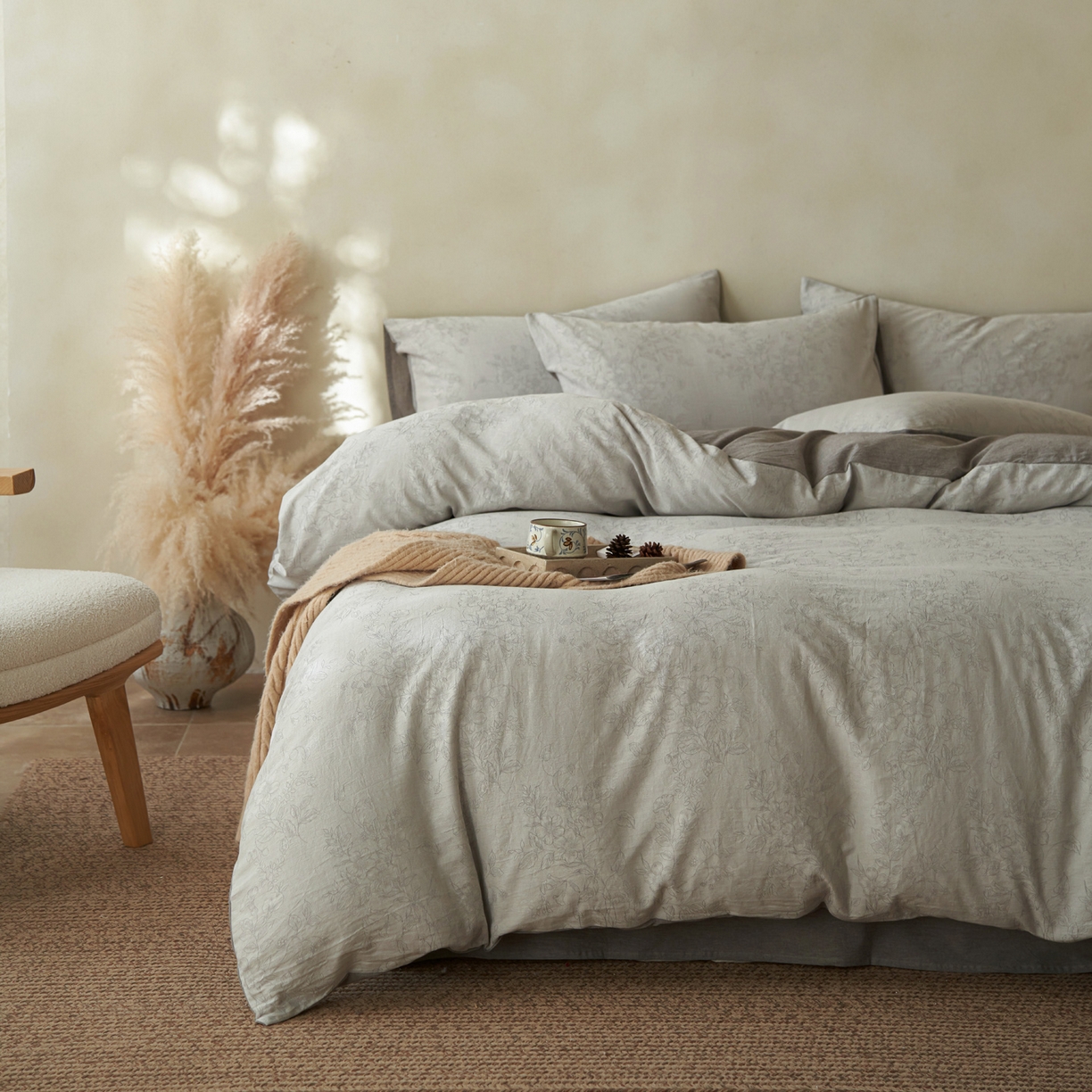 91家纺网 家纺一手货源 找家纺 如一 2026新款色织提花全棉水洗棉四件套第三批 花忆-灰