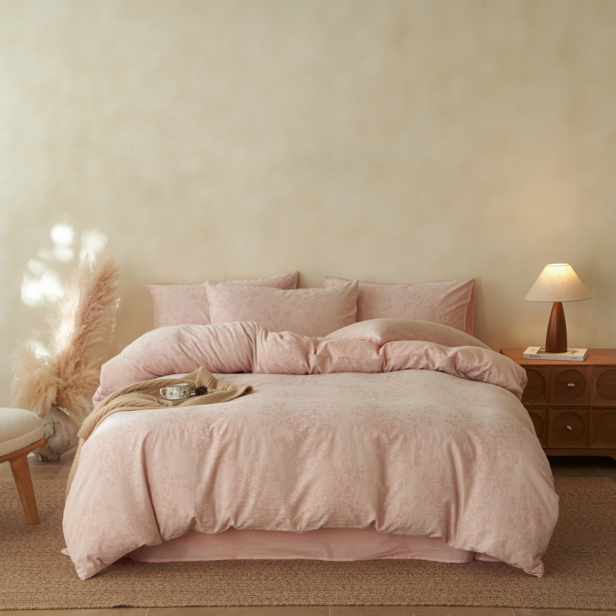 91家纺网 家纺一手货源 找家纺 如一 2026新款色织提花全棉水洗棉四件套第三批 花忆-粉