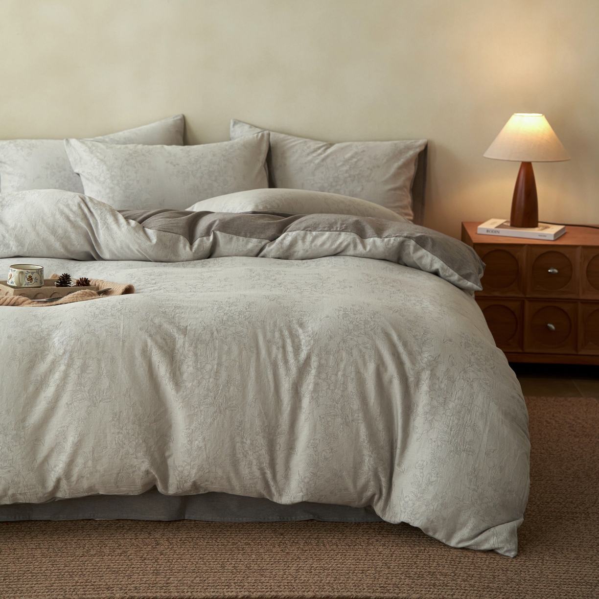 91家纺网 家纺一手货源 找家纺 如一 2026新款色织提花全棉水洗棉四件套第三批 花忆-灰