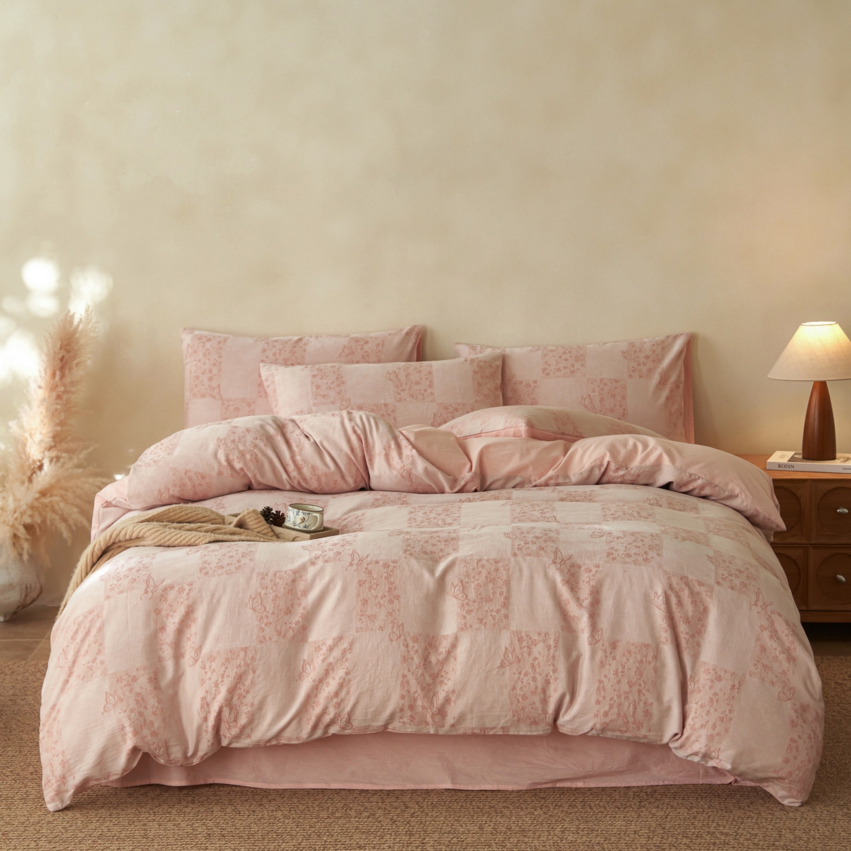 91家纺网 家纺一手货源 找家纺 如一 2026新款色织提花全棉水洗棉四件套第三批 蝶漫-粉