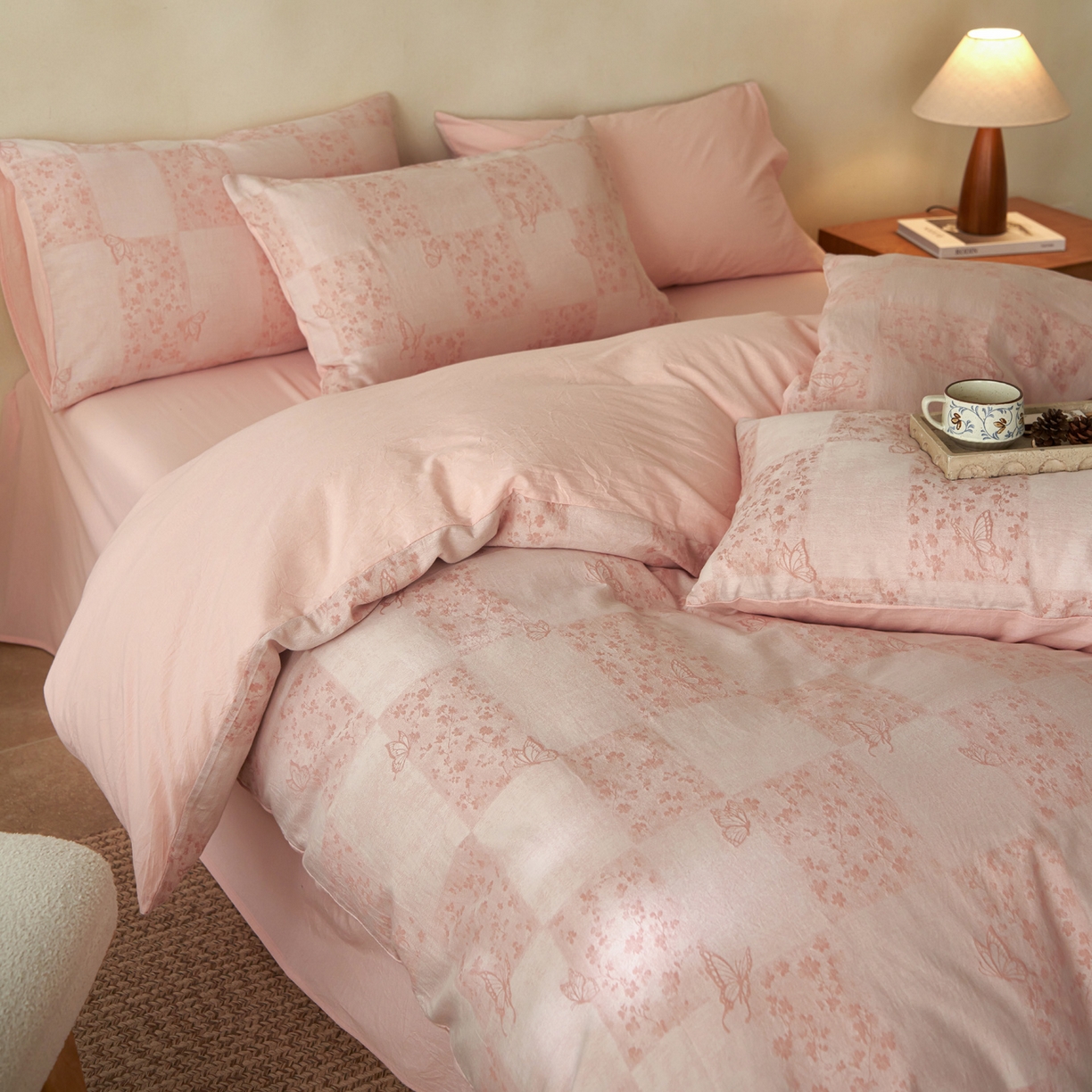 91家纺网 家纺一手货源 找家纺 如一 2026新款色织提花全棉水洗棉四件套第三批 蝶漫-粉