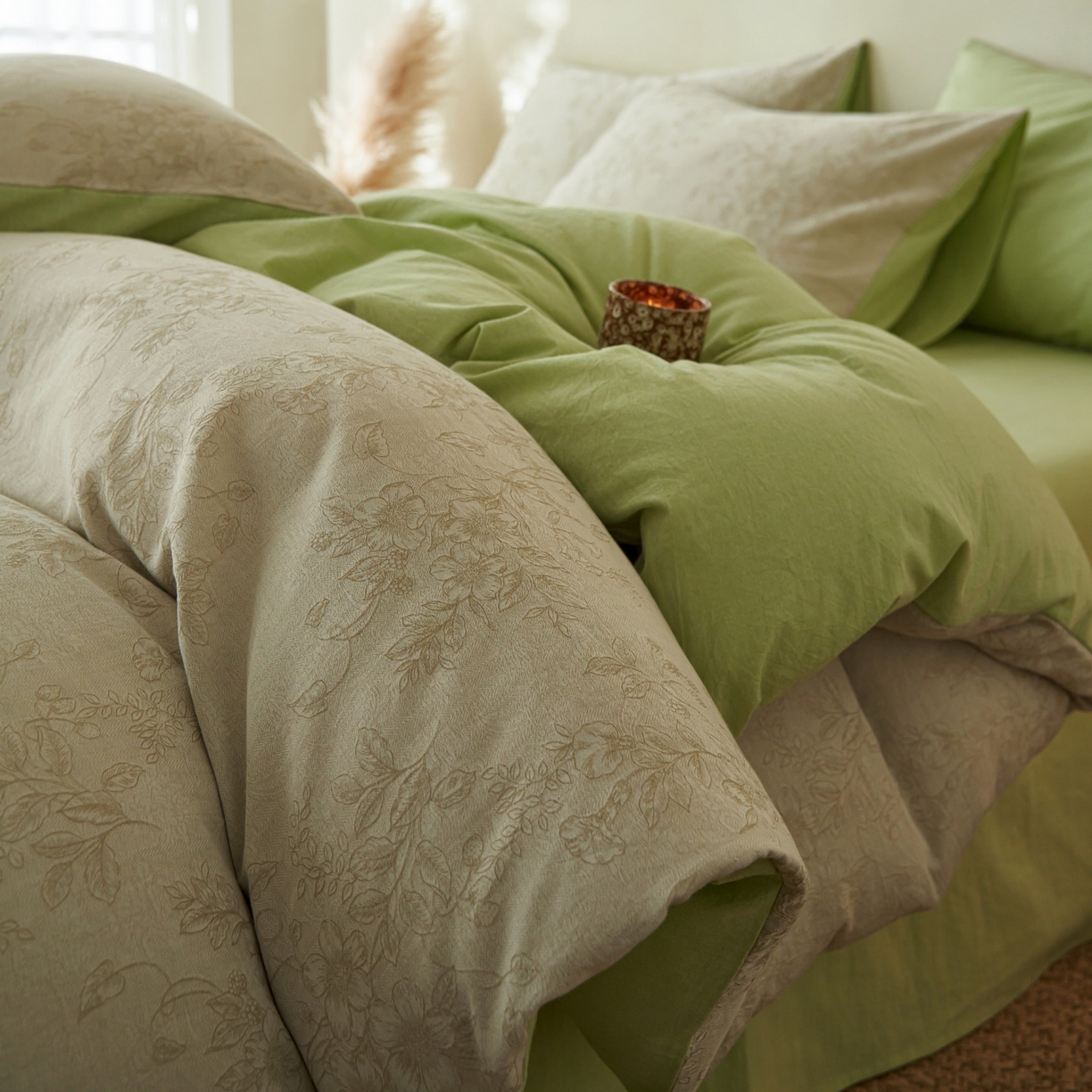 91家纺网 家纺一手货源 找家纺 如一 2026新款色织提花全棉水洗棉四件套第三批 花忆-绿